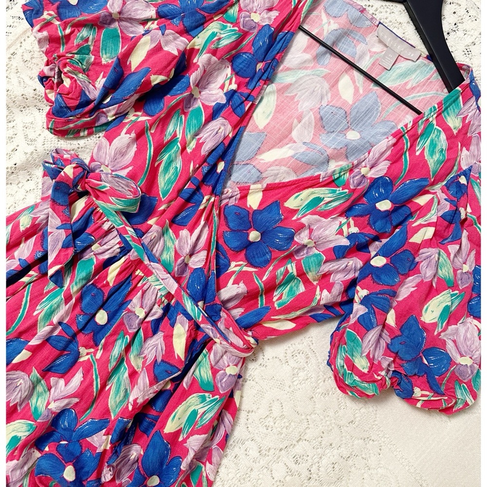 Chelsea28 Pink Floral True Wrap Puff Sleeve Flounce Gathered Midi Dress Size XS - Picture 4 of 6
